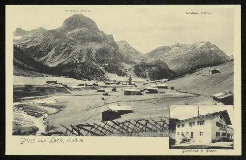 Gruss aus Lech, 1438 m : Omeshorn 2558 m : Schafberg 2676 m : Gasthaus z. Krone : [Postkarte. Weltpostverein. Carte Postale...]