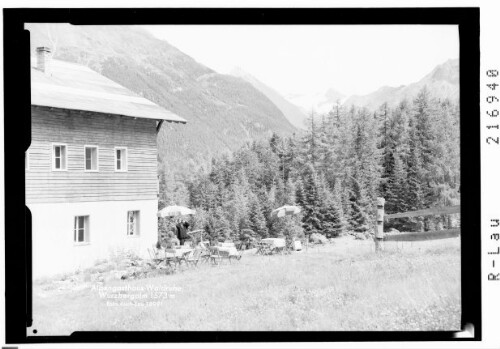 Alpengasthaus Waldruhe, Wurzbergalm 1573 m : [Alpengasthaus Waldruhe auf der Wurzbergalm mit Blick zum Schrankogel und zur Mutterbergerseespitze]
