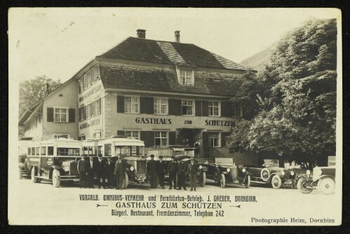 Vorarlb. Omnibus-Verkehr und Fernfahrten-Betrieb, J. Greber, Dornbirn, Gasthaus zum Schützen