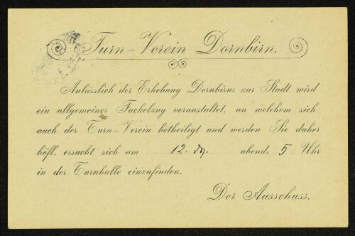 Einladung des Turn-Vereins Dornbirn zum Fackelzug anlässlich der Erhebung Dornbirns zur Stadt
