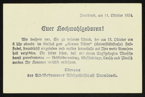 Einladung zum Abend der Alt-Mehrerauer Tischgesellschaft Innsbruck