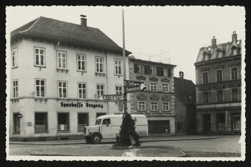 Bregenz, Straßenkreuzung mit Sparkasse und Metzgerei Josef Rimmele