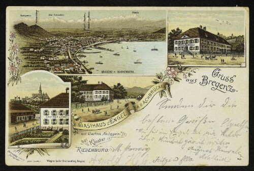 Gruss aus Bregenz : Gasthaus zum Engel a. d. Achbrücke mit Garten Anlagen bei Kloster Riedenburg