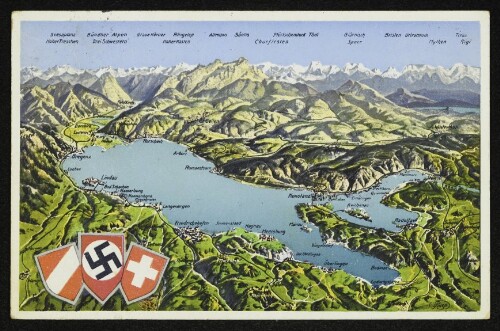 Bodenseepanorama mit Wappen von Österreich, dem Deutschen Reich und der Schweiz