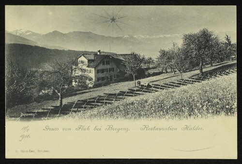 Gruss von Fluh bei Bregenz. — Restauration Halder.