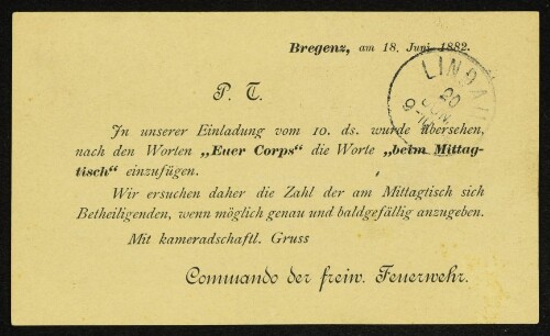 Mitteilung des Commandos der freiwilligen Feuerwehr Bregenz bezüglich einer Einladung zum Mittagstisch