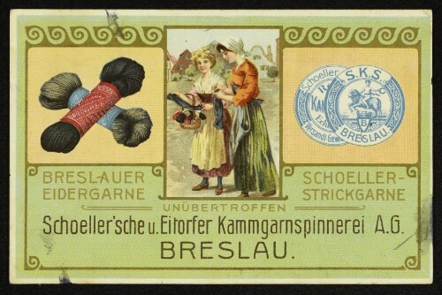 Werbepostkarte für die Schoeller'sche u. Eitorfer Kammgarnspinnerei A.G. Breslau