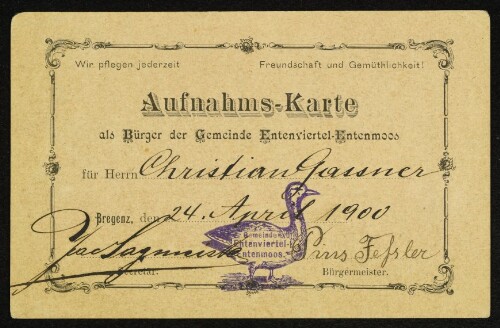 Aufnahms-Karte als Bürger der Gemeinde Entenviertel-Entenmoos