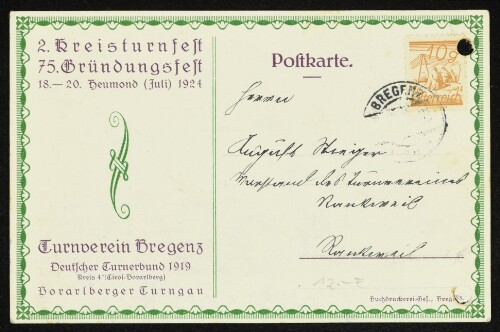 2. Kreisturnfest, 75. Gründungsfest, 18.–20. Heumond (Juli) 1924 : Turnverein Bregenz