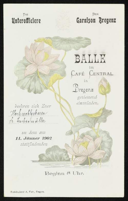 Einladungskarte zum Ball der Unteroffiziere der Garnison Bregenz im Café Central am 11. Jänner 1902