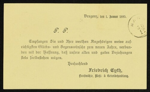 Glückwunschkarte zum neuen Jahr von Friedrich Eyth, Bregenz
