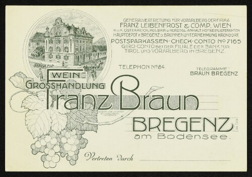 Werbekarte der Weingroßhandlung Franz Braun, Bregenz am Bodensee