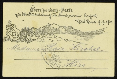 Correspondenz-Karte zur Abendunterhaltung des Schweizervereins Bregenz, Hotel Krone, 9. Februar 1901