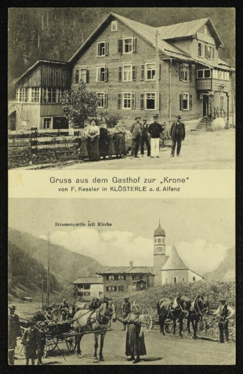 Gruss aus dem Gasthof zur  Krone  von F. Kessler in Klösterle a. d. Alfenz ; Strassenpartie mit Kirche