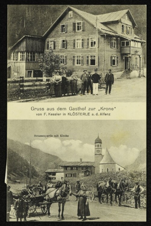 Gruss aus dem Gasthof zur  Krone  von F. Kessler in Klösterle a. d. Alfenz ; Strassenpartie mit Kirche