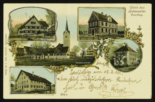 Gruss aus Hohenweiler. Vorarlberg. : Ratz Handlung : Schule : Kirchenansicht : Zollamt : Gasthaus z. Adler