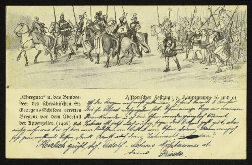  Ehreguta  u. das Bundesheer des schwäbischen St. Georgen-Schildes erretten Bregenz vor dem Überfall der Appenzeller. (1408)