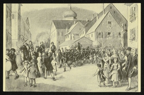 Vorarlberger Jahrhundertfeier 1809–1909: Einzug der siegreichen Landesverteidiger in Bregenz unter dem Jubel der Bevölkerung (1809)