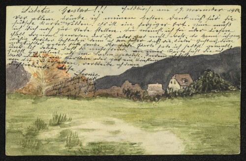 Landschaft mit Häusern und Bergen