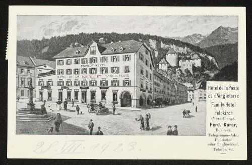 Hôtel de la Poste et d'Angleterre, Family-Hotel, Feldkirch (Vorarlberg) : Ferd. Kurer, Besitzer. Telegramm-Adr.: Posthotel oder Englischhof. Telefon 40.