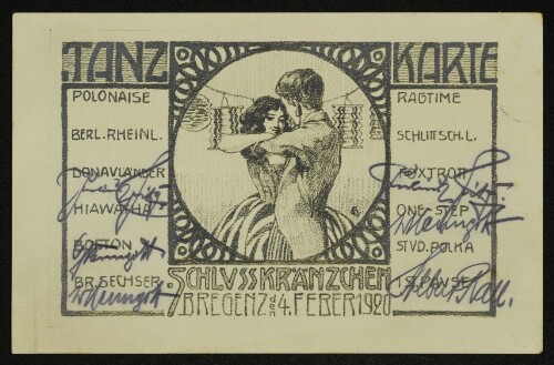 Tanzkarte : Schlusskränzchen, Bregenz d. 4. Feber 1920