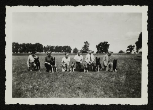 Gruppenaufnahme von Personen mit Hunden auf einem Feld