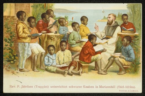 Rev. P. Jldefons (Trappist) unterrichtet schwarze Knaben in Mariannhill (Süd-Afrika)