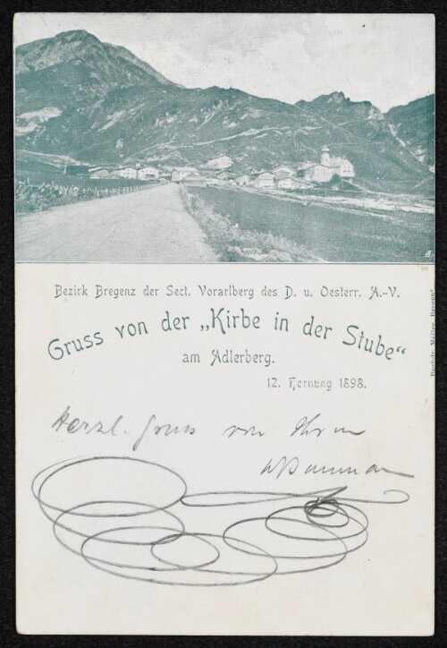 Gruss von der  Kirbe in der Stube  am Adelberg : Bezirk Bregenz der Sect. Vorarlberg des D. u. Oesterr. A.-V. : 12. Hornung 1898 [Correspondenz-Karte]