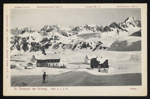 St. Christoph am Arlberg : 1800 m ü. d. M. : Winter: Trittkopf 2722 m : Pazielerfernerspitze 2694 m : Valluga 2811 m : Schindlerspitze 2636 m