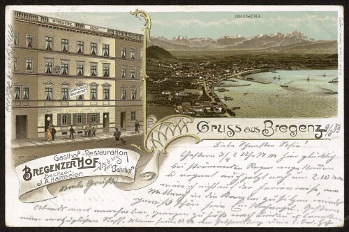 Gruss aus Bregenz : Gasthof u. Restauration Bregenzer Hof vis à vis dem Bahnhof Besitzer J. A. Haltmeier : Bregenz : [Postkarte ...]