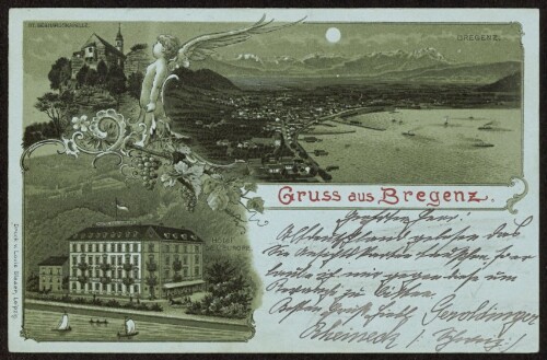 Gruss aus Bregenz : St. Gebhardsbergkapelle : Bregenz : Hotel de l'Europe : [Correspondenz-Karte ...]