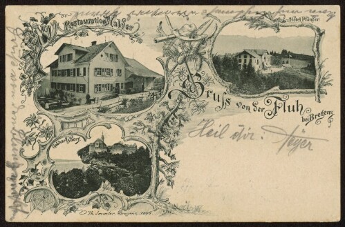 Gruss von der Fluh bei Bregenz : Restauration Halder : Hotel Pfänder : Gebhardsberg : [Correspondenz-Karte ...]