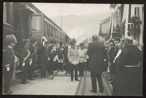 [Landeshauptmann Adolf Rhomberg begrüßt Kaiser Franz Josef I. 1914 in Bregenz]