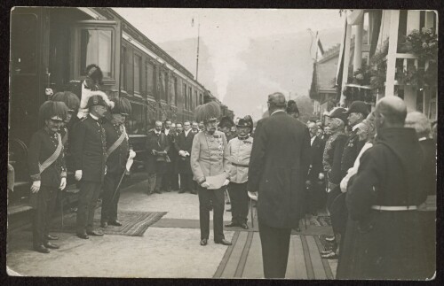 [Landeshauptmann Adolf Rhomberg begrüßt Kaiser Franz Josef I. 1914 in Bregenz]