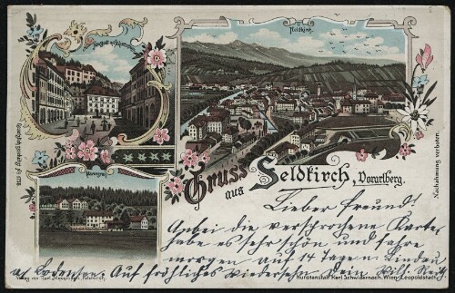 Gruss aus Feldkirch, Vorarlberg : Mariagrün : Neustadt mit Schattenburg : Feldkirch : [Correspondenz-Karte An ... in ...]