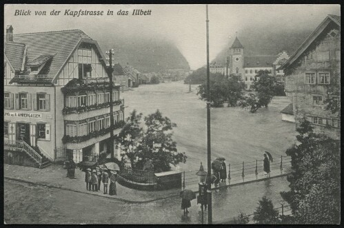 [Feldkirch] Blick von der Kapfstrasse in das Illbett : [Die Hochwasserkatastrophe in Feldkirch (Vorarlberg) am 15. und 16. Juni 1910 ...]