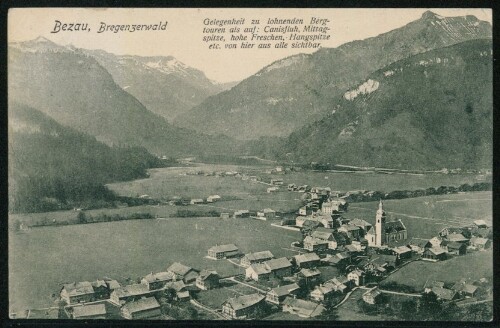 Bezau, Bregenzerwald : Gelegenheit zu lohnenden Bergtouren als auf: Canisfluh, Mittagsspitze, hohen Freschen, Hangspitze etc. von hier aus alle sichtbar : [Correspondenz-Karte ...]