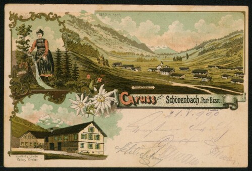 [Bezau] Gruss aus Schönenbach, Post Bizau : Sommerkurort 1030 m hoch : Gasthof z. Löwen Cellus Greber : [Correspondenzkarte ...]