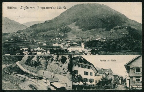 Hittisau, Luftkurort (Bregenzerwald) 828 Mt. : Bahnhof : Partie zu Platz : [Correspondenz-Karte ...]