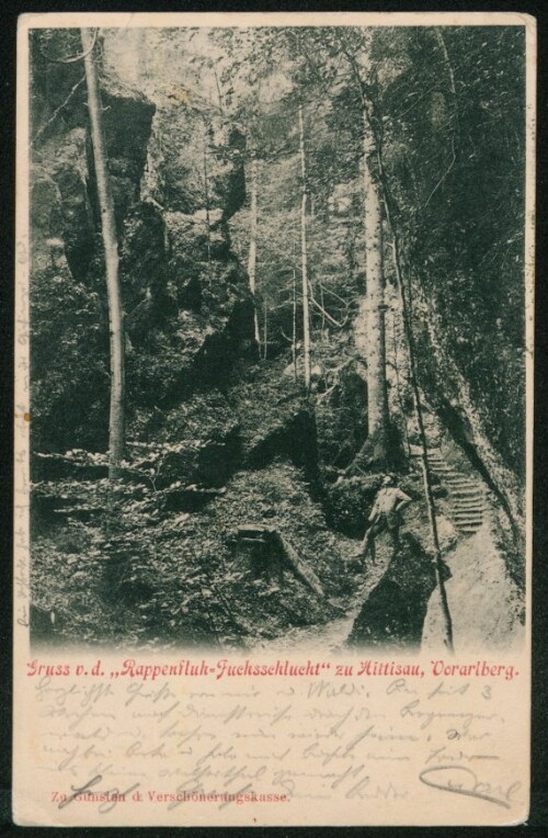 Gruss v. d.  Rappenfluh-Fuchsschlucht  zu Hittisau, Vorarlberg : [Postkarte An ... in ...]